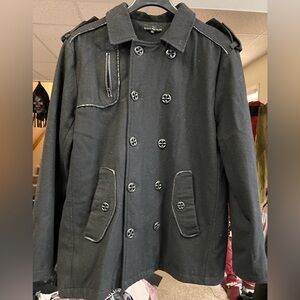 Black Affliction Pea Coat with Wide Lapels